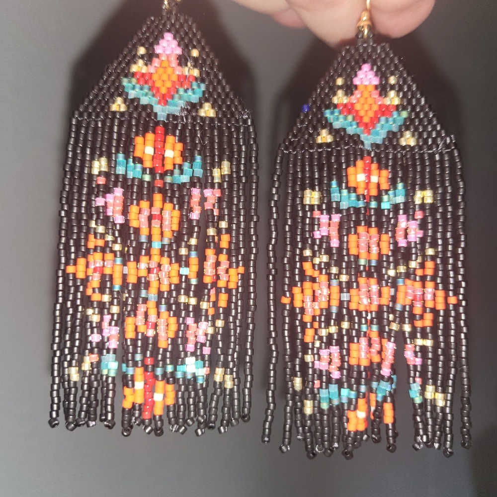 Handmade Beaded Floral Folk Blossoms Fringe Earrings - Fiona - Picture 7 of 8